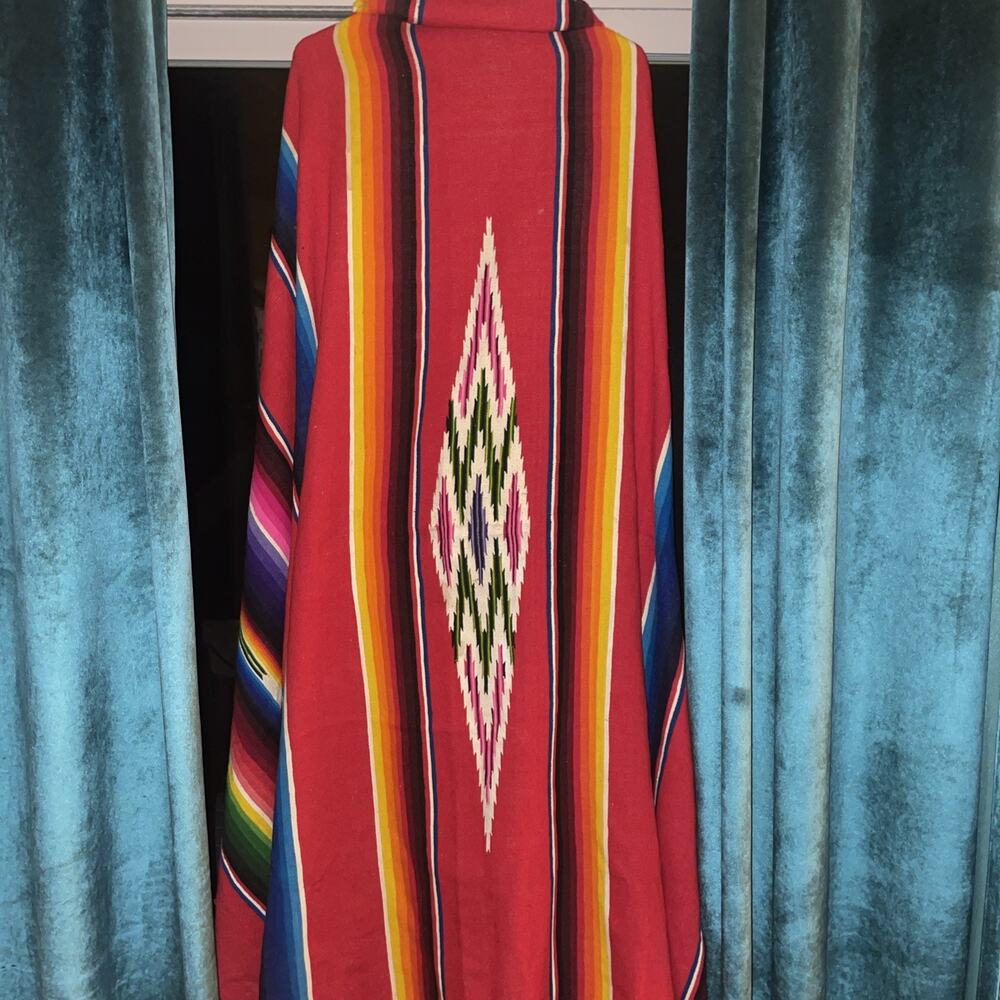 Vintage Saltillo Serape Mexican Large Wool Blanket Handmade 63 1/2x 83 1/2